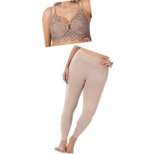 Zenana BUNDLE SET Ash Mocha LEGGINGS AND CROPPED BRACELET LACE TOP